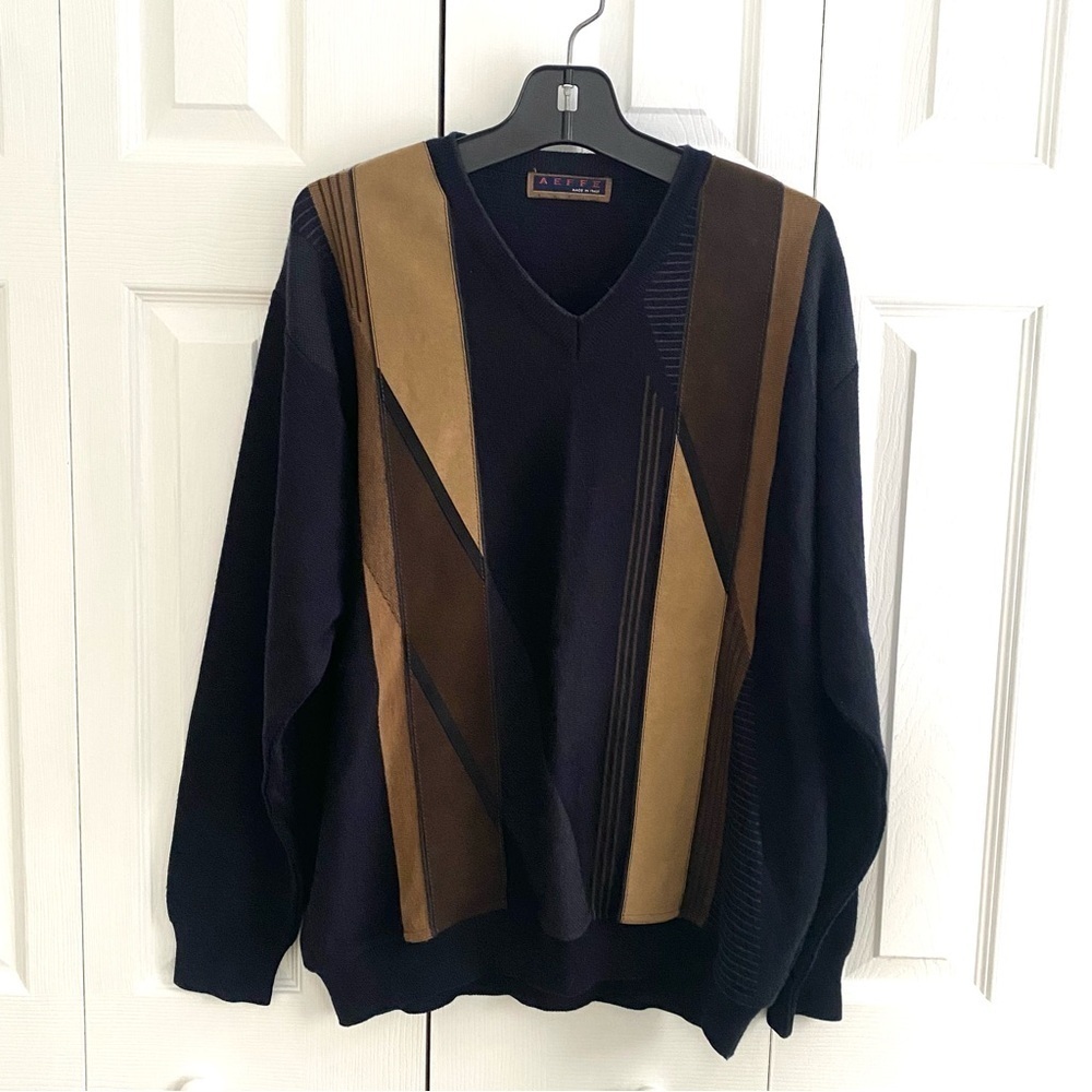 Vintage 1990s Y2K Graphic V Neck Wool Blend & Faux Suede Pullover Sweater Size L - Picture 8 of 11